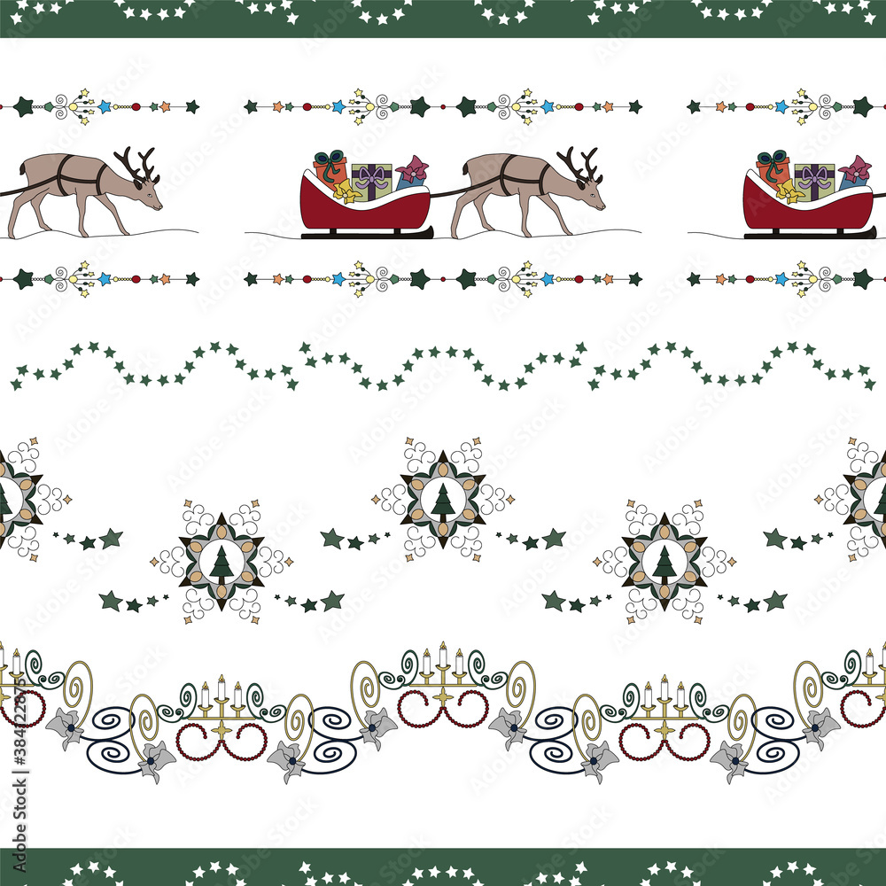 Christmas seamless pattern. Reindeer and his sleigh full of gifts. Star garland, christmas tree and Fancy candle holder. Transparent background. Vector illustration. Christmas seamless pattern. Reindeer and his sleigh full of gifts. Star garland, christmas tree and Fancy candle holder. Transparent background. Vector illustration.