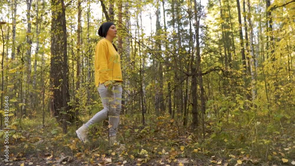 Young Woman Hiking in Forest in Autumn. Active healthy Beautiful woman in wood. Female traveler with walks along forest. Side view, Slow motion, leisure, bio-tourism. Autumnal mood. Young Woman Hiking in Forest in Autumn. Active healthy Beautiful woman in wood. Female traveler with walks along forest. Side view, Slow motion, leisure, bio-tourism. Autumnal mood.