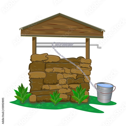 Stone and wood water well isolated on white background. Rustic cartoon well of fresh water with chain and bucket. Natural source of pure water from the bowels of the earth. Stock vector illustration
