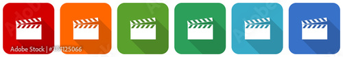 Video icon set, flat design vector illustration in 6 colors options for webdesign and mobile applications