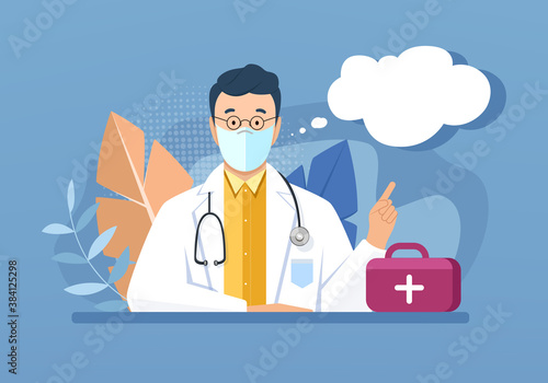 Medicine concept in flat cartoon style with doctor at the table and first aid kit on blue background. Medical man with face mask in white robe uniform pointing by finger on cloudy speech bubble.