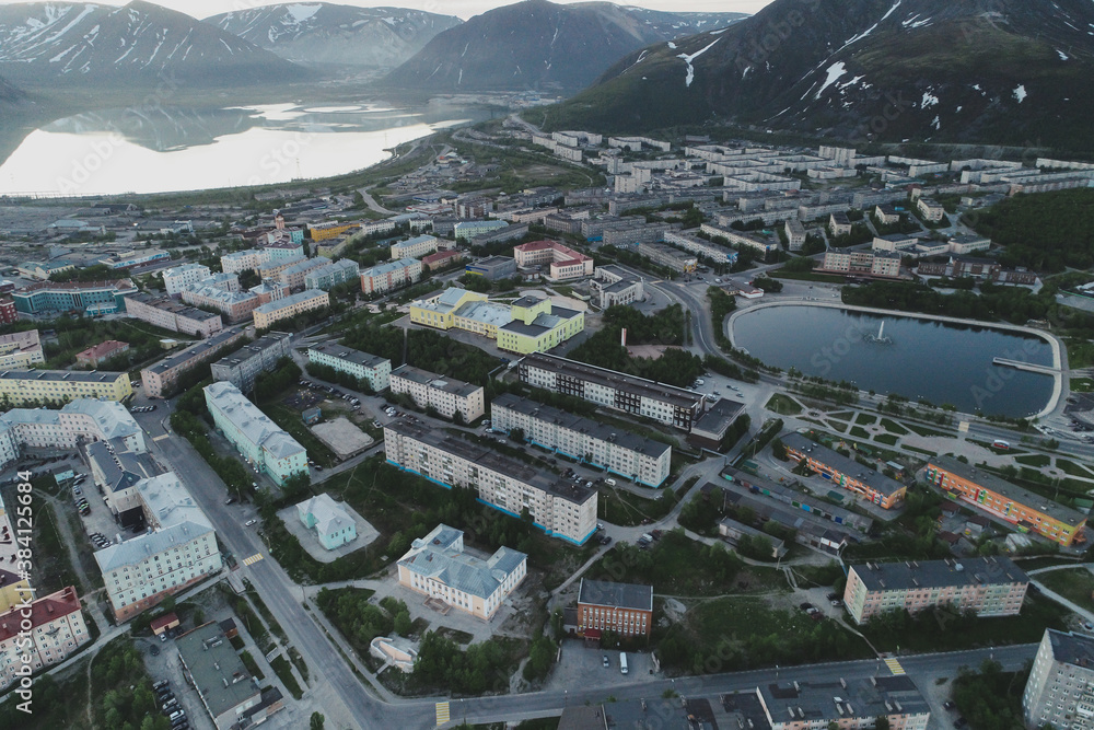 Fototapeta premium Aerial Townscape of Kirovsk Town located in Northwestern Russia on the Kola Peninsula