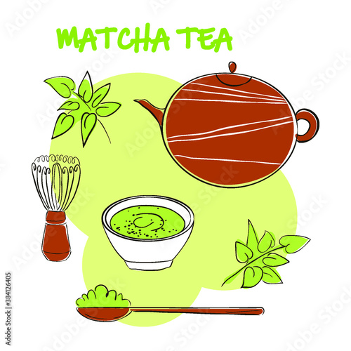 matcha green tea, matcha whisk, teapot, green background, vector illustration