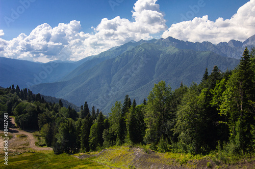 Beautiful mountain landscape on a Sunny summer day. Coniferous trees, blue sky with white clouds