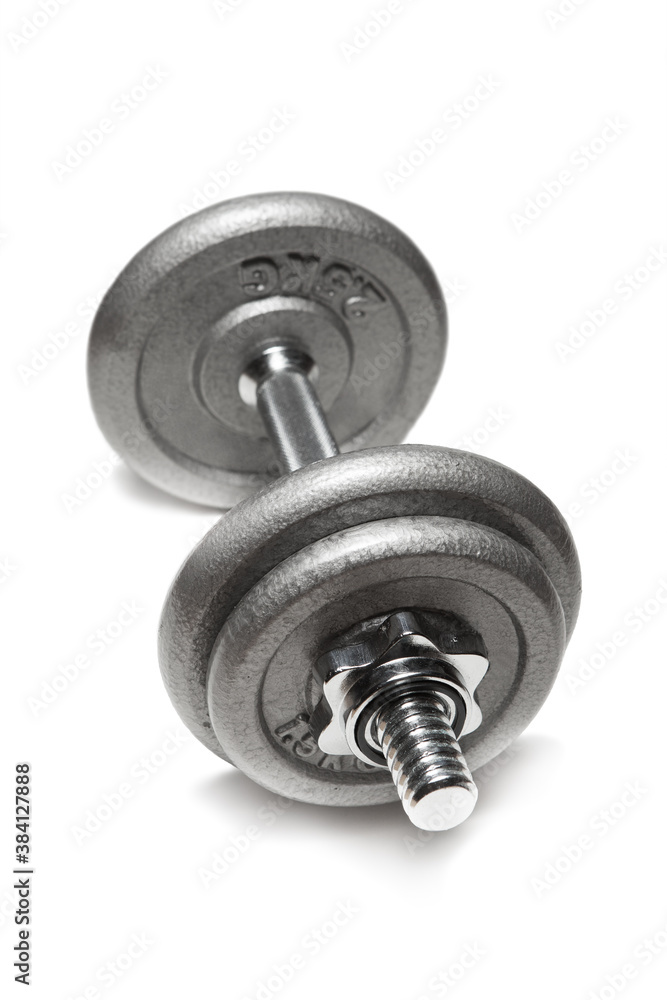 Naklejka premium Metal dumbbell for fitness with chrome silver handle isolated on white
