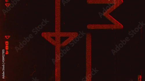 Film burn effect transition or intro footage. Film leader markers and signs. High contrast video. Red colored type. Effect of old strip rolling with details, scratches and grain. FX Effect in 4K