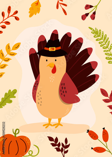 Thanksgiving Day greeting card with funny turkey in a pilgrim hat. Colorful vector illustration