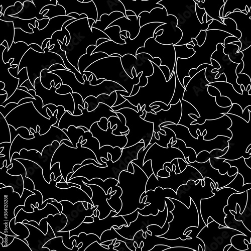 A flock of black bats flying in different directions. Seamless ornament, texture, pattern, background and template. Vector square