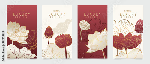 Luxury cover design template. Lotus line arts hand draw gold lotus flower and leaves. Design for packaging design, social media post, cover, banner, creative post, Gold geometric pattern design vector