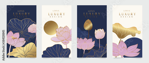 Luxury cover design template. Lotus line arts hand draw gold lotus flower and leaves. Design for packaging design, social media post, cover, banner, creative post, Gold geometric pattern design vector