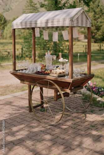Wedding buffet and decorations. Sweets, cookies, berries and fruits. Macaroons. Wooden cart on grass. Nature. Pastel colors. Dishes and serving. Catering