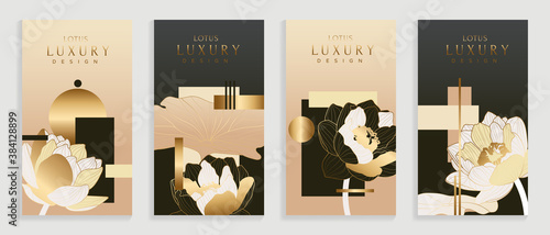 Luxury cover design template. Lotus line arts hand draw gold lotus flower and leaves. Design for packaging design, social media post, cover, banner, creative post, Gold geometric pattern design vector