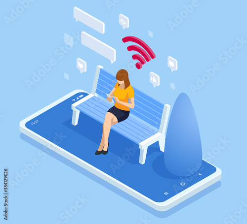 Isometric woman in free internet zone using mobile gadgets, tablet pc and smartphone. WIFI zone. A woman sits on a bench in the park and communicates in social networks.