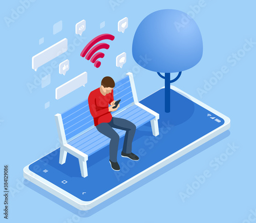 Isometric man in free internet zone using mobile gadgets, tablet pc and smartphone. WIFI zone. A man sits on a bench in the park and communicates in social networks.
