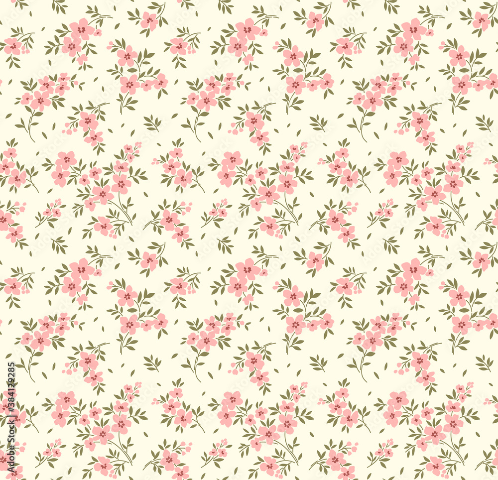 Vintage floral background. Seamless vector pattern for design and fashion prints. Flowers pattern with small pink flowers on a white background. Ditsy style.