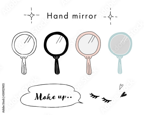 手描きのハンドミラーのイラスト／手鏡／おしゃれ／かわいい／シンプル／メイク／化粧／美容／まつげ／