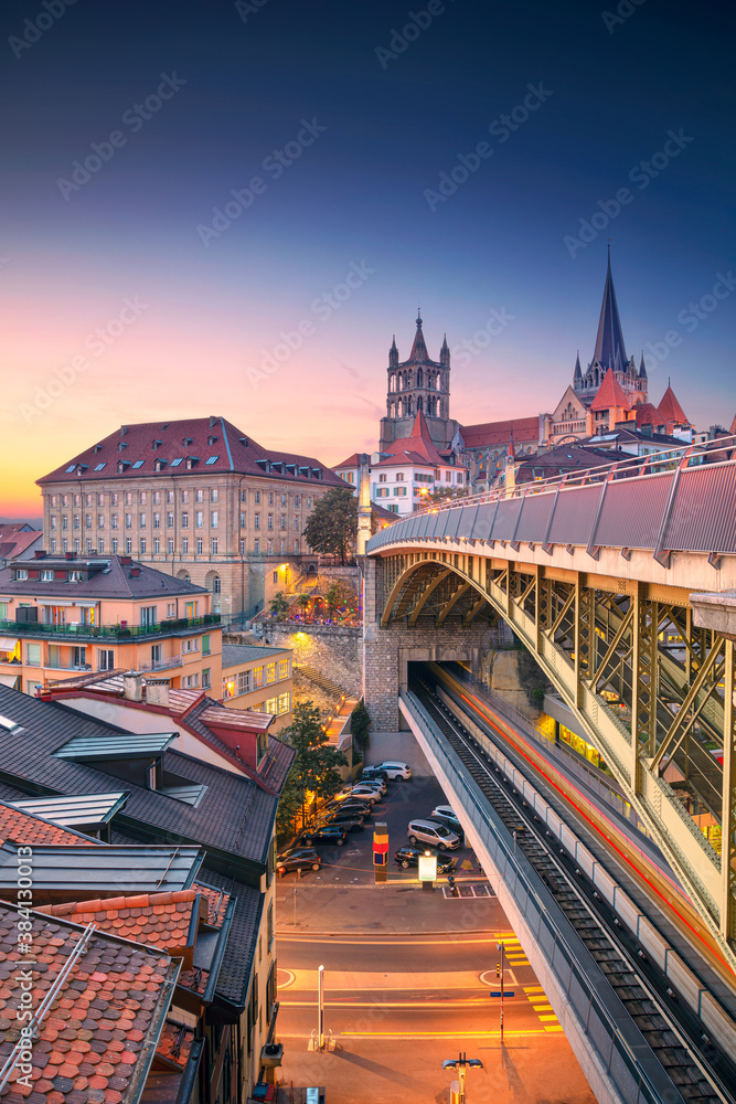 City of Lausanne. Cityscape image of downtown Lausanne, Switzerland during beautiful autumn sunset.