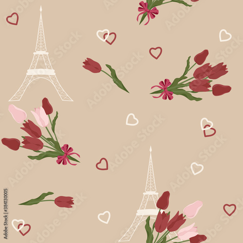 Seamless vector illustration with eiffel tower and tulips