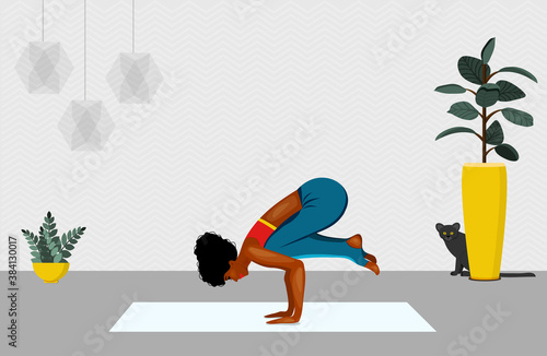African American women standing in Vrksasana exercise. Next to the woman walking cat. vector illustration.Yoga, concept of meditation, health benefits for body, control of mind and emotions.