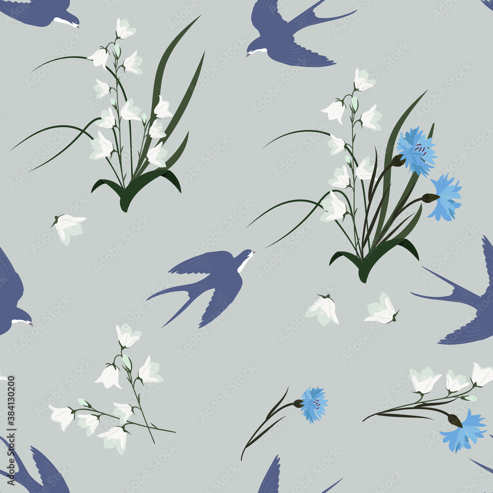 Seamless pattern with flower bells, cornflowers and swallows , Seamless pattern with flower bells, cornflowers and swallows ,