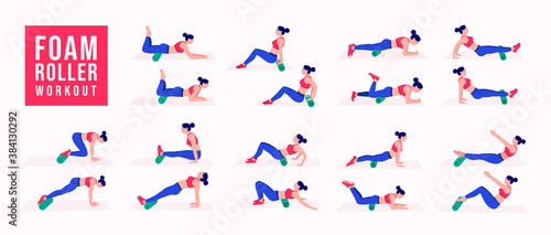 Foam Roller Workout. women exercise vector set. Women doing fitness and yoga exercises. Lunges, Pushups, Squats, Dumbbell rows, Burpees, Side planks, Glute bridge, Leg Raise, Russian Twist .etc