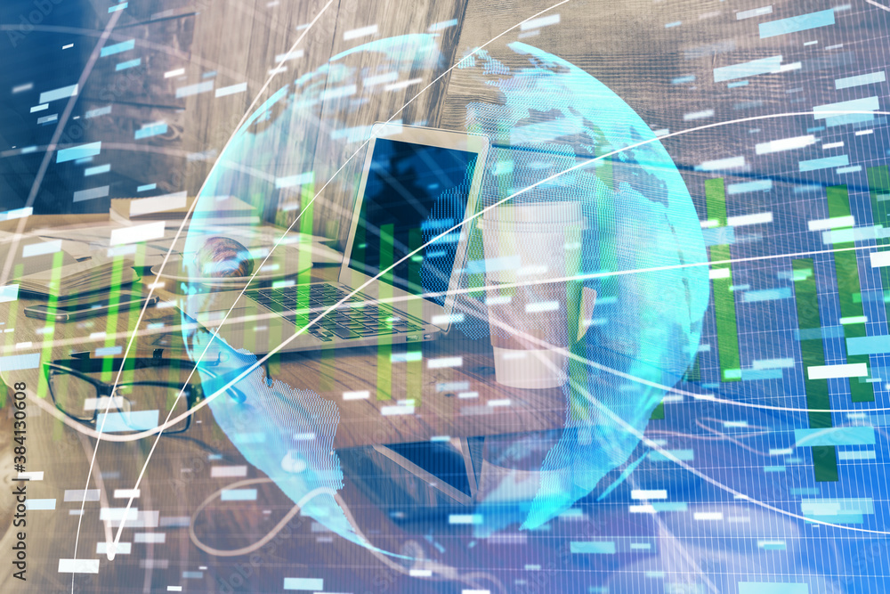 Multi exposure of business theme icons and work space with computer background. Concept of success.