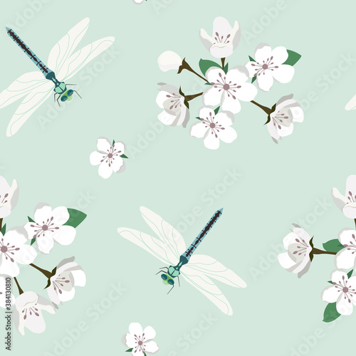 Seamless vector illustration with blossoming sakura and dragonflies