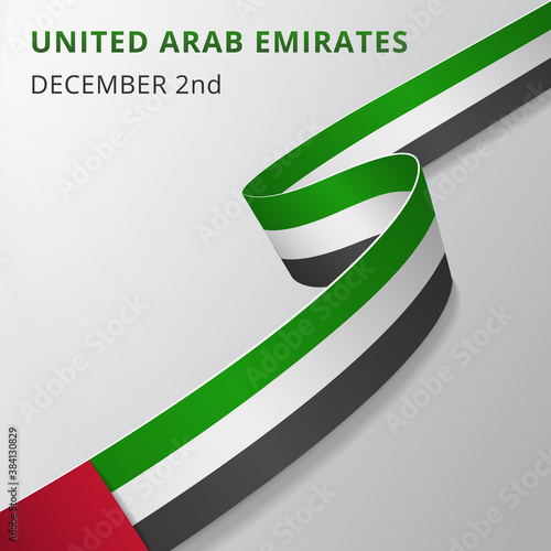 Flag of United Arab Emirates. 2nd of December. Vector illustration. Wavy ribbon on gray background. Independence day. National symbol. Graphic design template.