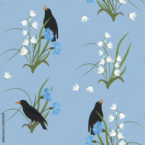 Seamless vector illustration with flowers of cornflower, herbals, campanula and birds