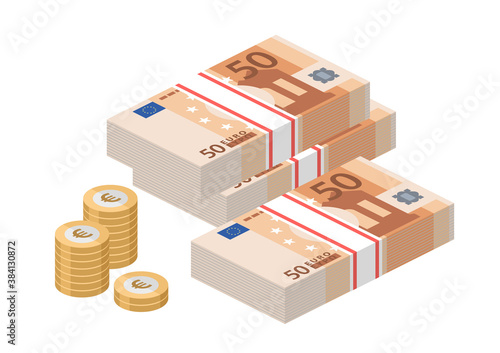 Isometric stacks of 50 euro banknotes. Pile paper money and coins. Fifty bills. European currency notes. Vector illustration.