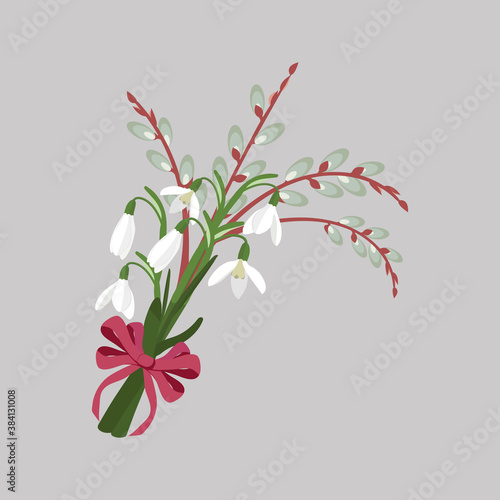 Vector illustration of an Easter bouquet of snowdrops with willow twigs