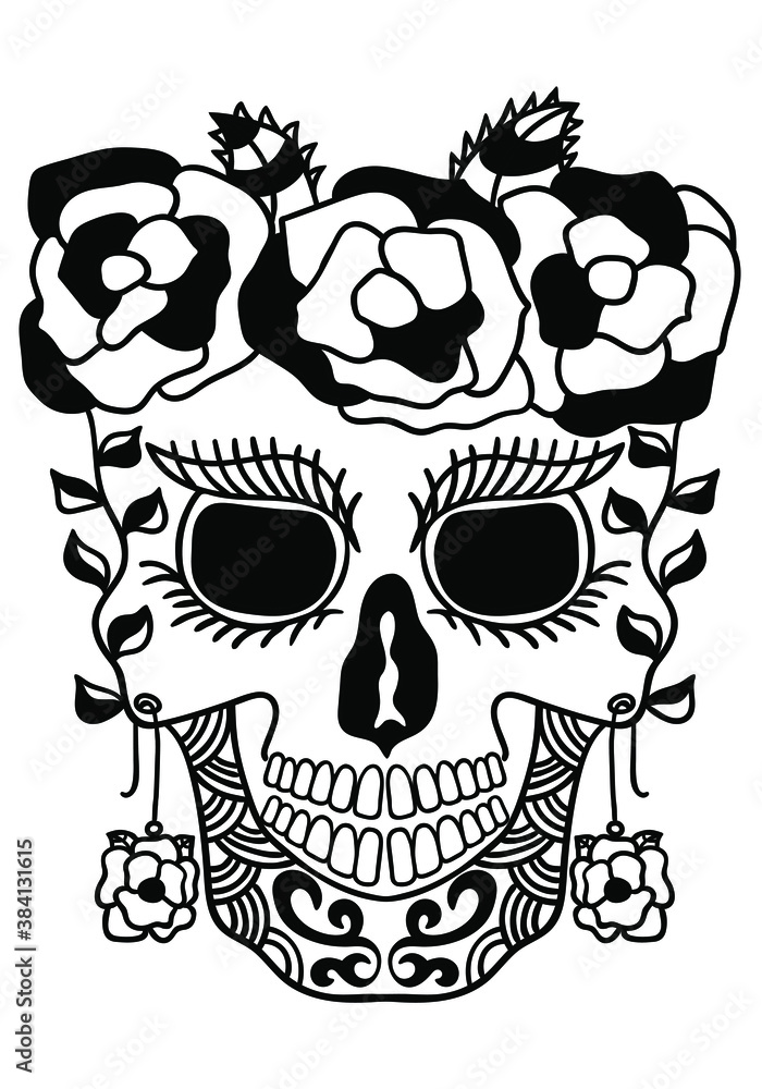 Mexican holiday Day of the Dead Celebration Festival and Halloween. Sugar skull for poster, card, print, emblem, sign, tattoo, t-shirt. background. . Black and white vector illustration
Mexican holiday Day of the Dead Celebration Festival and Halloween. Sugar skull for poster, card, print, emblem, sign, tattoo, t-shirt. background. . Black and white vector illustration