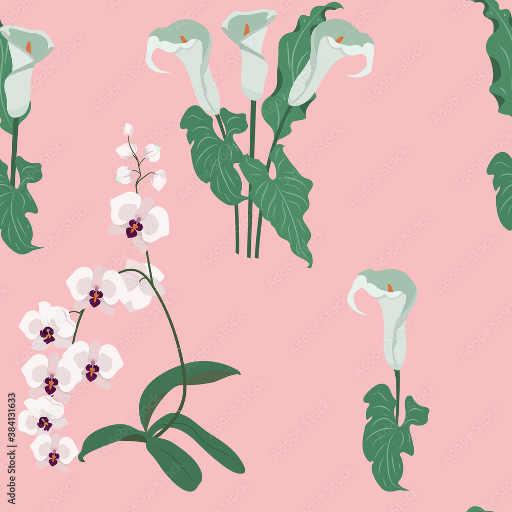 Seamless incredibly beautiful, juicy, bright, vector pattern with gentle pink tropical flowers - calla lilies and orchids.