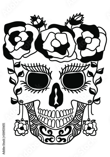 Mexican holiday Day of the Dead Celebration Festival and Halloween. Sugar skull for poster, card, print, emblem, sign, tattoo, t-shirt. background. . Black and white vector illustration