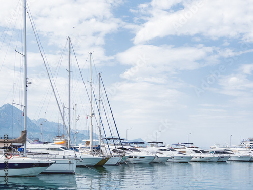 Yachts are moored at the Grand Marina  Kemer  Turkey. Beautiful ships for tourist trips on the Mediterranean sea.