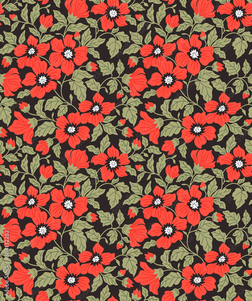Vintage floral background. Seamless vector pattern for design and fashion prints. Flowers pattern with small red flowers on a black background. Ditsy style.