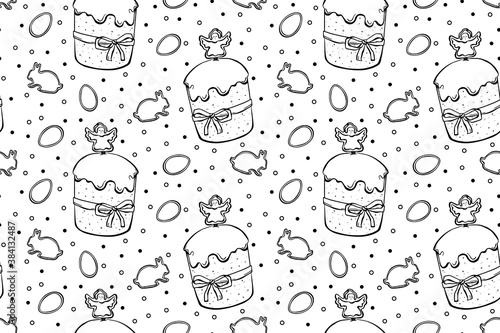 Glaze Easter cakes with eggs and rabbits. Seamless pattern black outline on white background. Doodle stile.