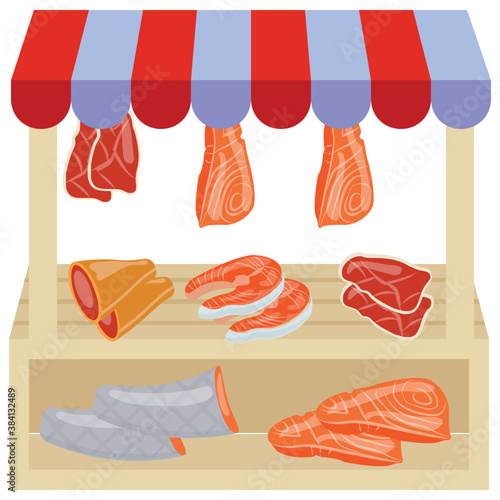 
A meat stall with raw red meat 
