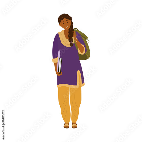 Smiling Indian Student girl with plait with backpack and books. Indian female student. Isolated on white. Flat vector illustration.