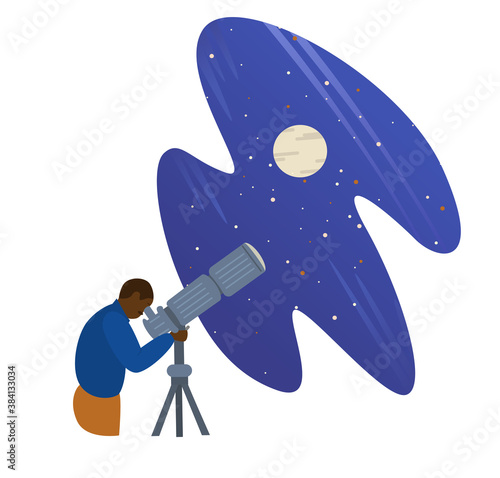 Afroamerican Man astronomer looks to telescope. Sky with moon and stars. Vector flat illustration isolated on white.