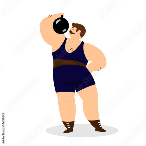 Vector illustration of strongman lifting dumbbell. Circus artist. Flat style.