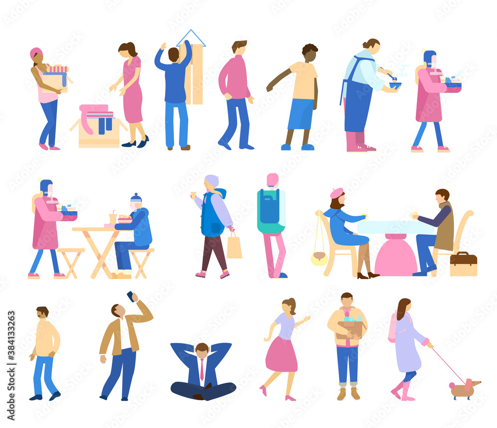 Vector set of characters in flat style. People in different situations: walking, making selfie, eating, holding things, sitting etc. 