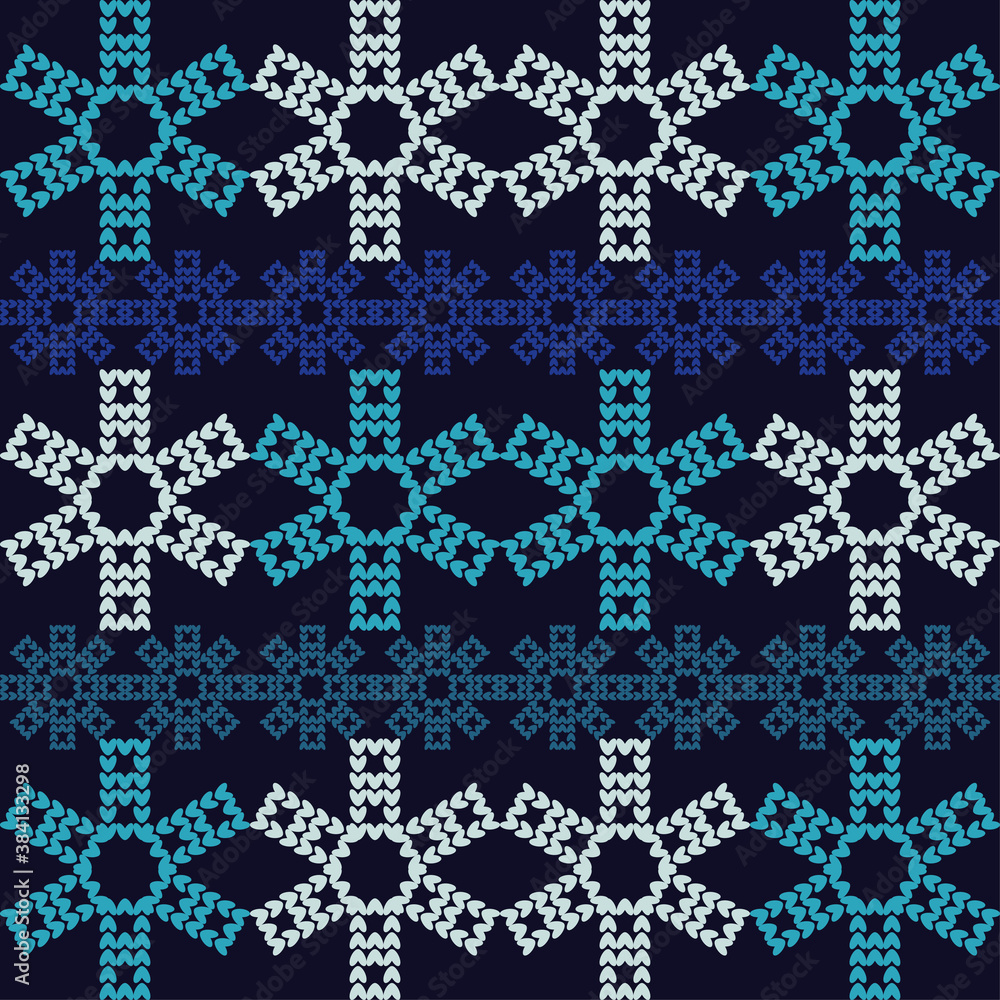 Knitted Christmas decorative snowflakes. Seamless background. Boho style. Vector illustration for web design or print.