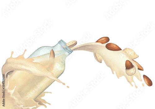 Watercolor plant based milk pouring out from the glass bottle with a splash of almonds