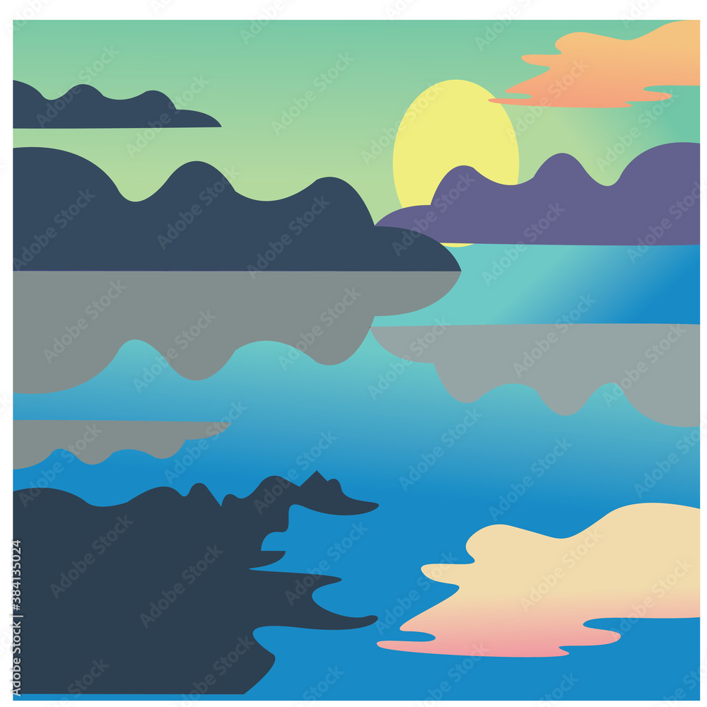 Illustration of flat sea and mountain scenery at night with colorful vector design background Illustration of flat sea and mountain scenery at night with colorful vector design background