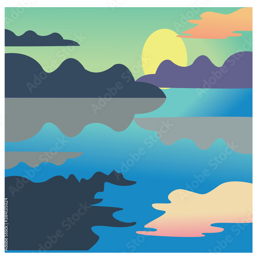 Illustration of flat sea and mountain scenery at night with colorful vector design background