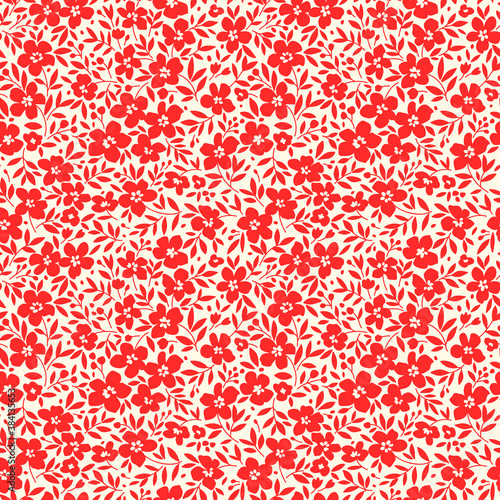 Floral pattern. Pretty flowers on white background. Printing with small red flowers. Ditsy print. Seamless vector texture. Spring bouquet.