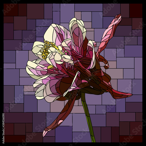 Vector square mosaic with blooming violet aquilegia flower in stained glass window.