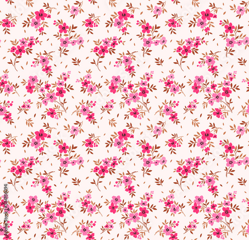 Floral pattern. Pretty flowers on white background. Printing with small pink flowers. Ditsy print. Seamless vector texture. Spring bouquet. © ann_and_pen