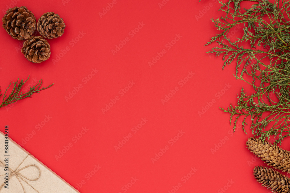 Christmas composition on a red background, copy space Christmas composition on a red background, copy space